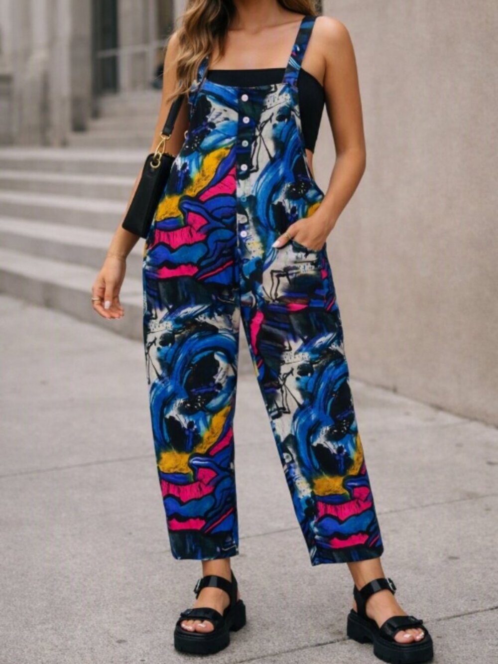 SUNNYME Abstract Art-Print Overalls L Boho Streetwear Festival Y2K Bold Print
